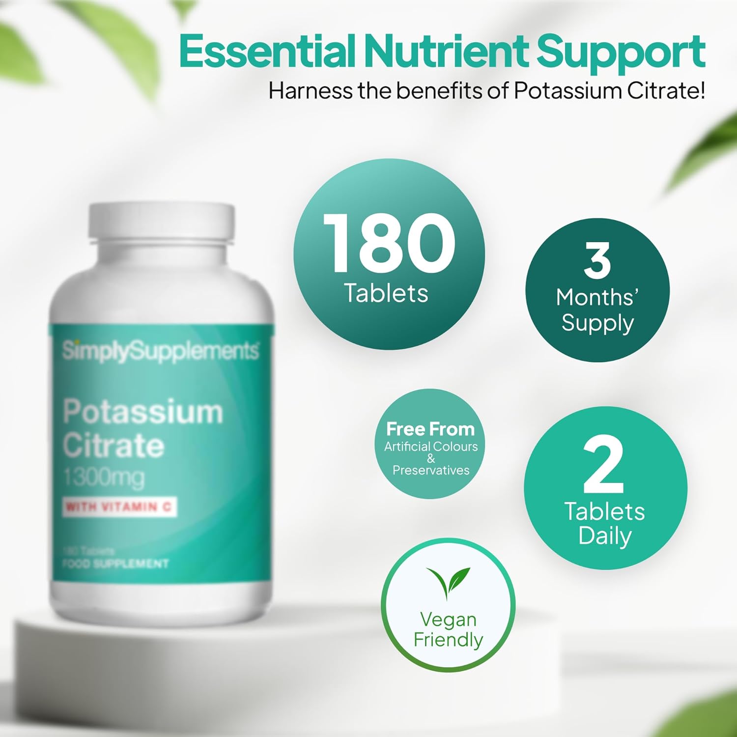 Potassium Supplements 1300mg with Vitamin C | Potassium Citrate | 180 Vegan Tablets | 3-Month Supply | Manifactured in UK - Image 4