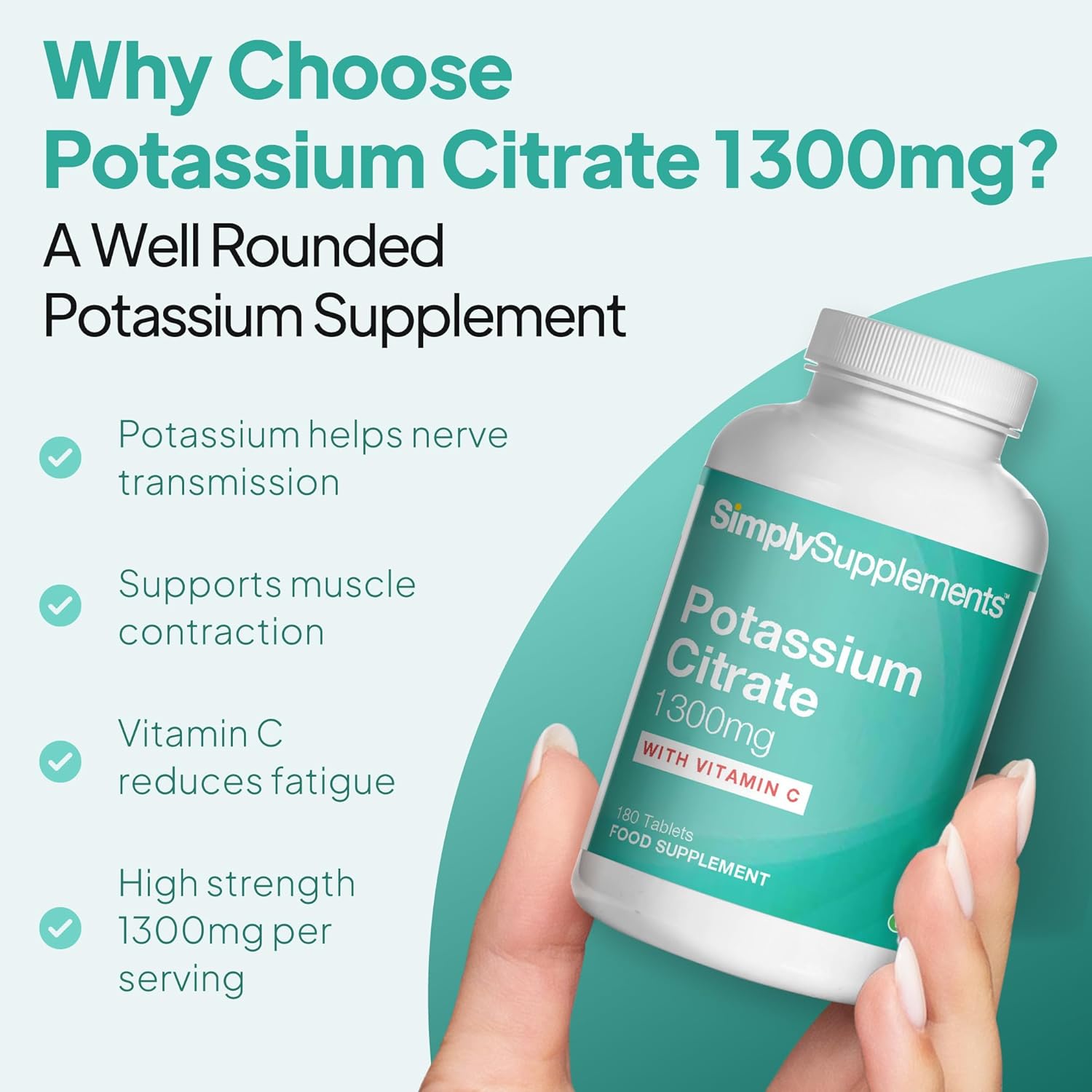Potassium Supplements 1300mg with Vitamin C | Potassium Citrate | 180 Vegan Tablets | 3-Month Supply | Manifactured in UK - Image 3