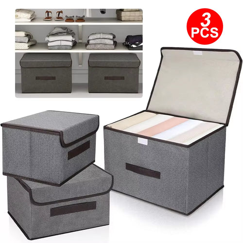 3Pcs Large Foldable Canvas Storage Boxes - Fabric Clothes Baskets with Lid for Home Organization